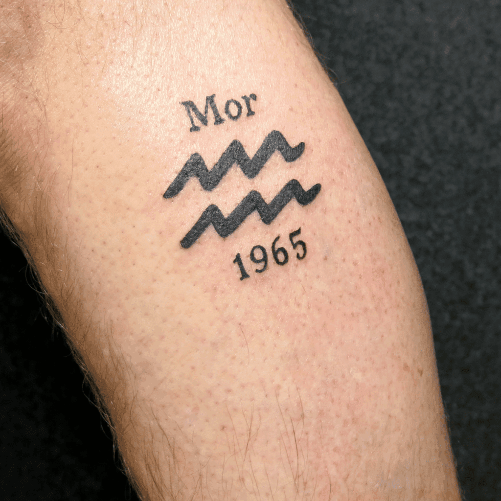 Tatovering af vandmandssymbolet med teksten "Mor" og året 1965 på anklen, som en hyldest til moren